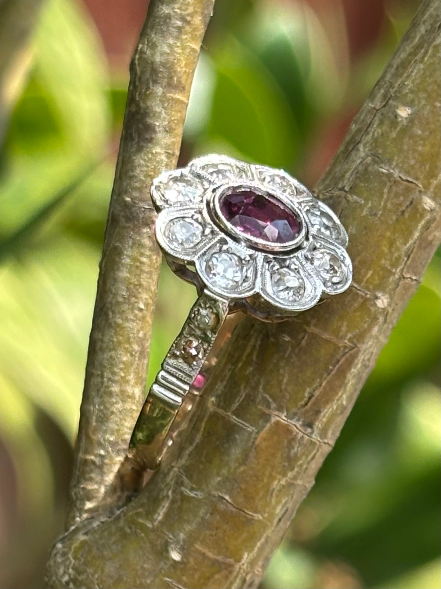 Vintage 0.75ct Ruby & 0.86ct Diamond set in 18ct God Cluster Ring