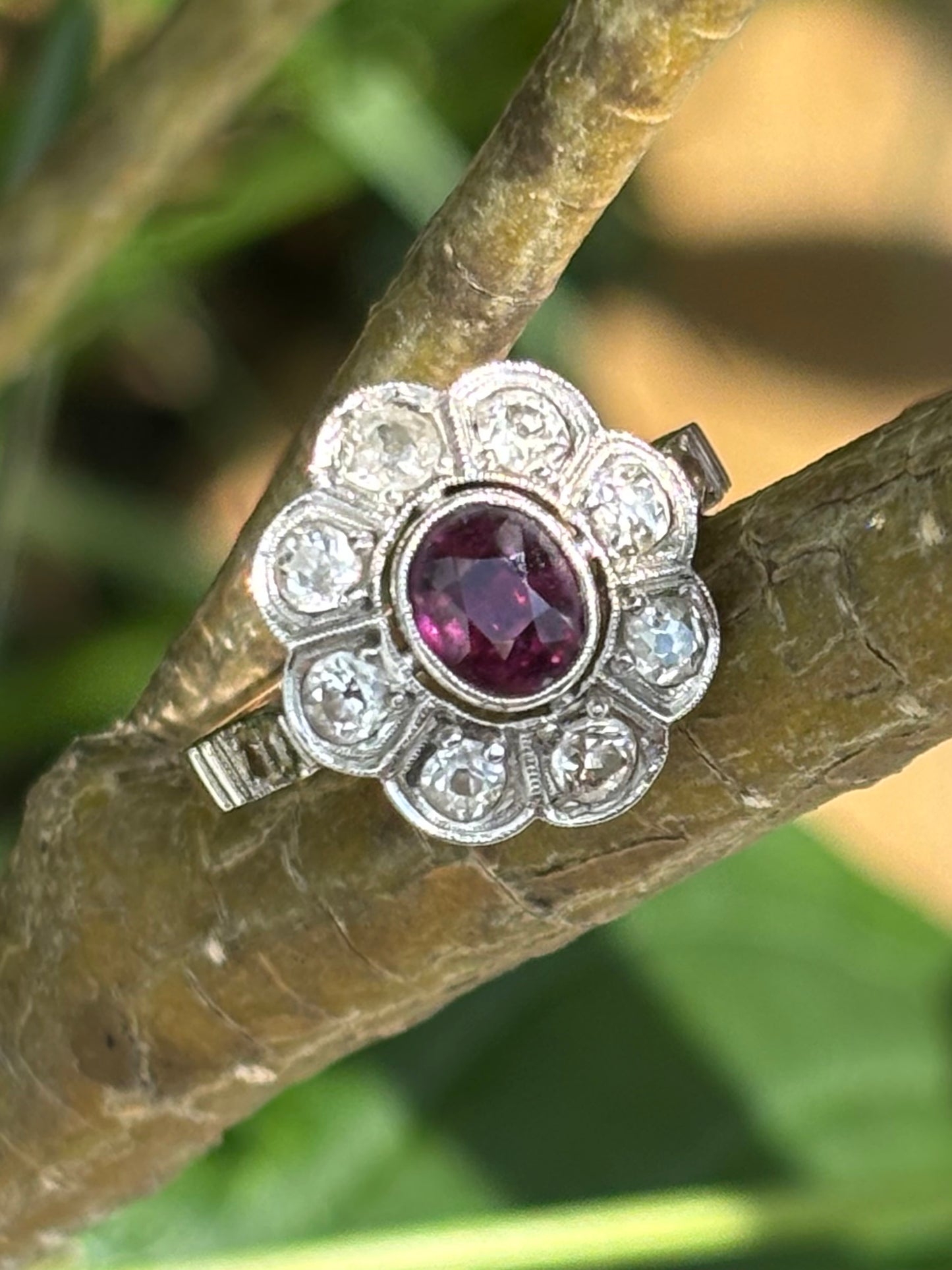 Vintage 0.75ct Ruby & 0.86ct Diamond set in 18ct God Cluster Ring