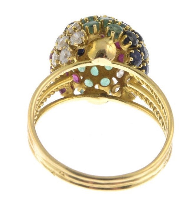 Vintage 18k Gold Dome Ring,Sapphire Rubies Emeralds and Diamond CZGold Ring,Cocktail Ring,Anniversary Birthday Gift,SizeUK O 1/2, US 7 1/4