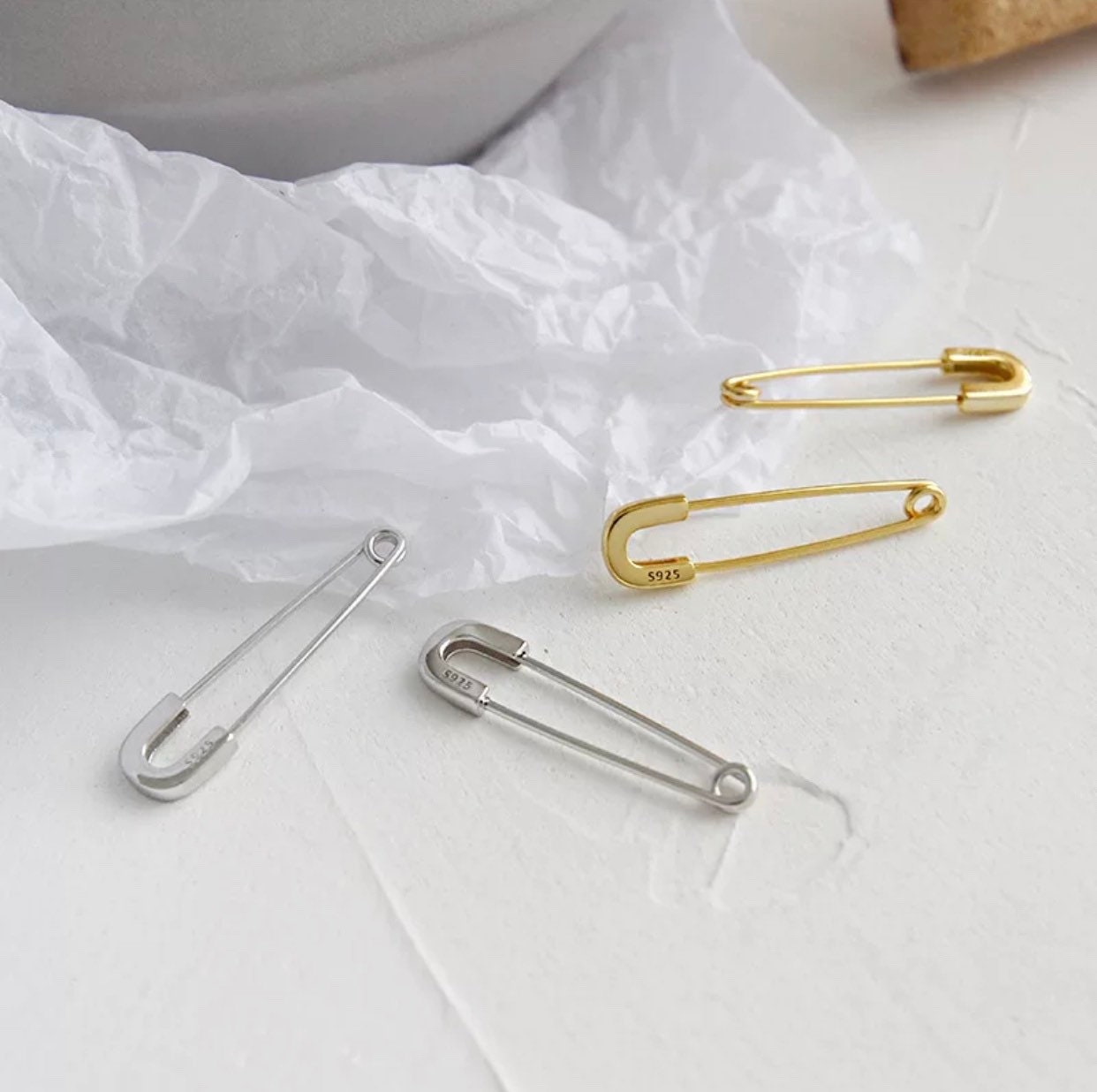 Pendientes de clip de papel de plata de ley 925 y vermil de oro amarillo de 18 k, pendientes de pasador de seguridad, pendientes apilables, pendientes de lóbulo de oreja de cartílago