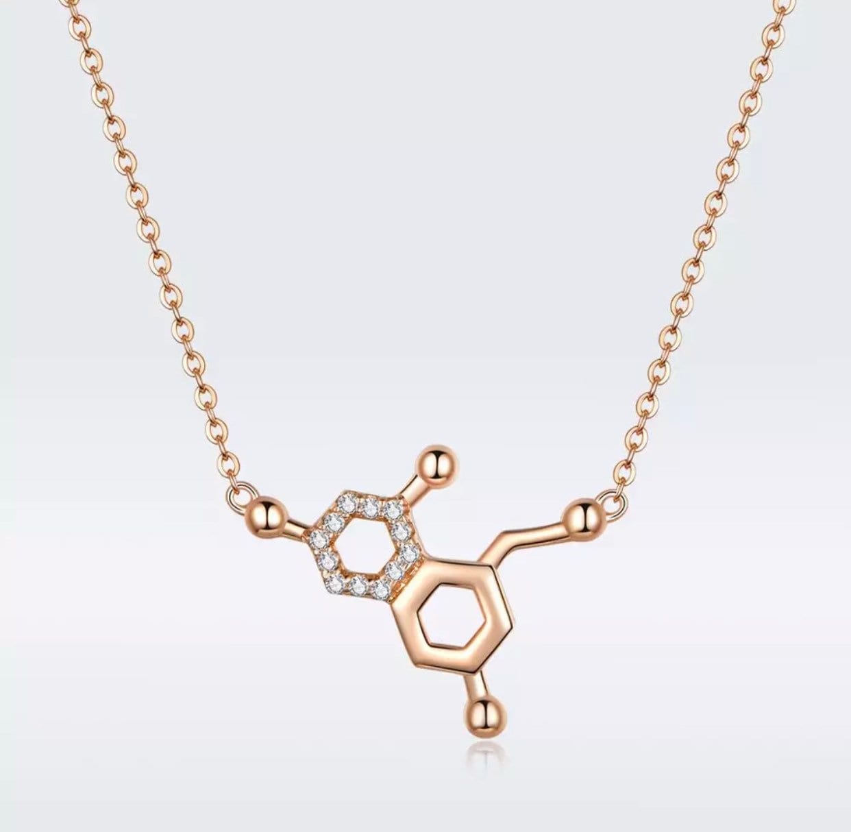 Collar con circonita cúbica de diamantes y molécula vermeil de oro rosa de 18 quilates, regalo de cumpleaños de aniversario para ella