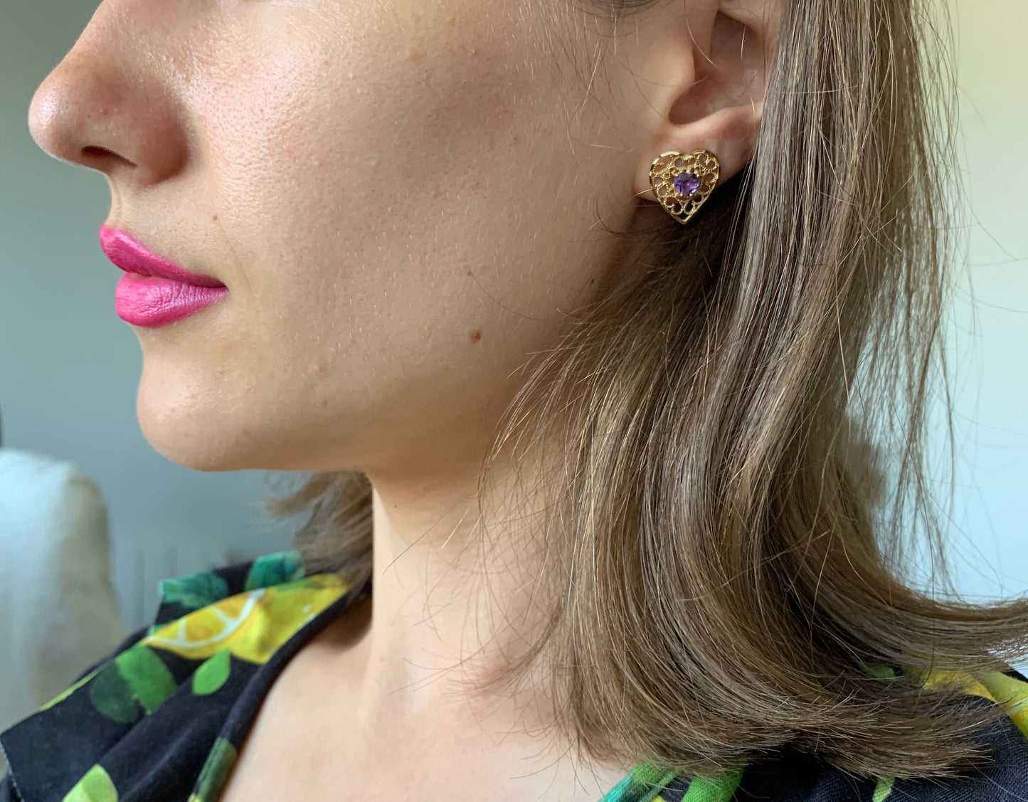 Pendientes vintage de filigrana en forma de corazón de amatista de oro de 9 quilates