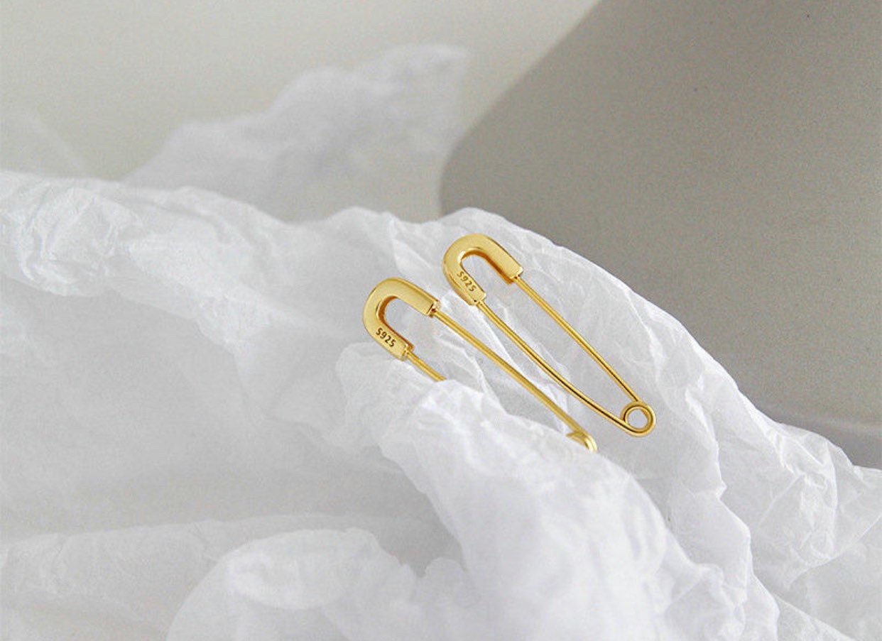 Pendientes de clip de papel de plata de ley 925 y vermil de oro amarillo de 18 k, pendientes de pasador de seguridad, pendientes apilables, pendientes de lóbulo de oreja de cartílago