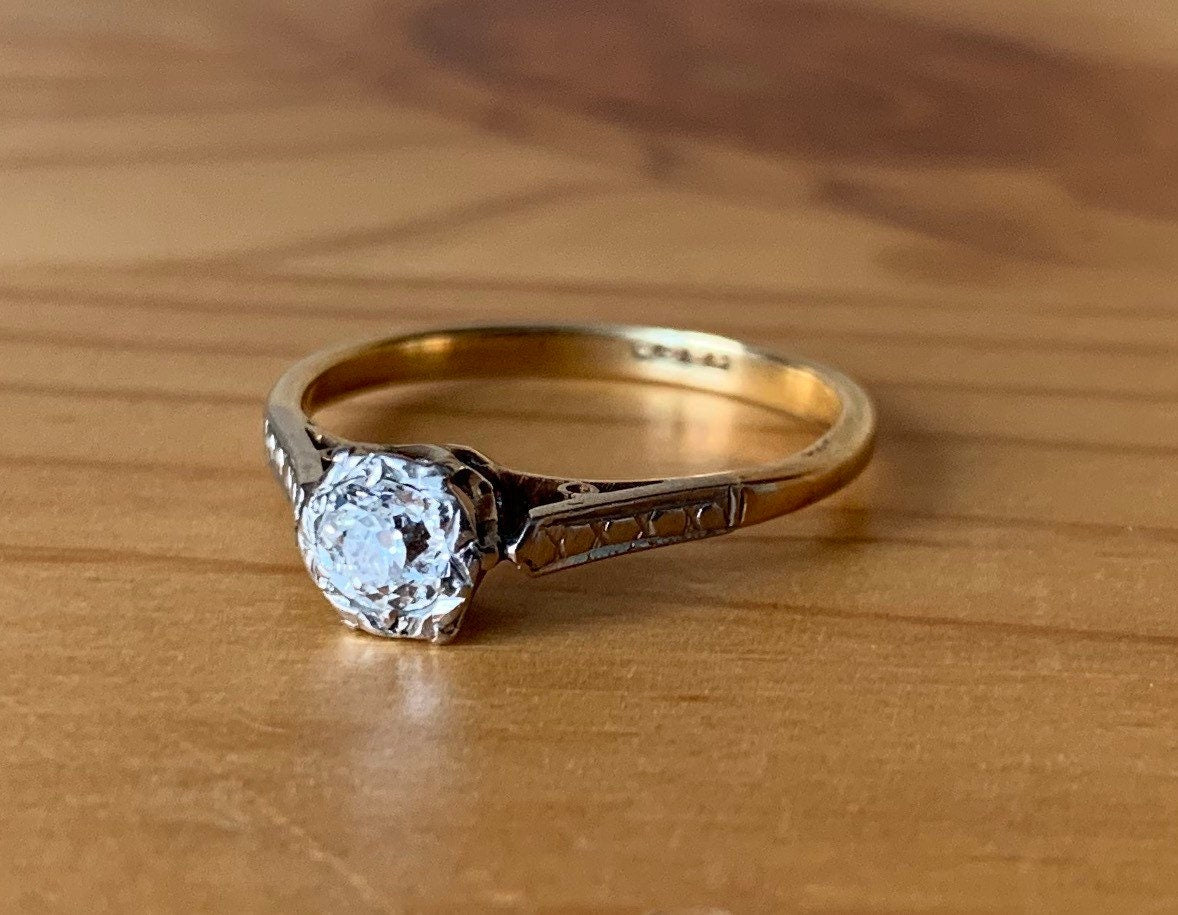 Art Deco 0.25ctw Solitaire Old Mine Cut Diamond 18ct Anillo de oro, Anillo de compromiso, Regalo de cumpleaños de aniversario de boda, Tamaño Reino Unido I/I 1/2, EE.UU. 4 1/4
