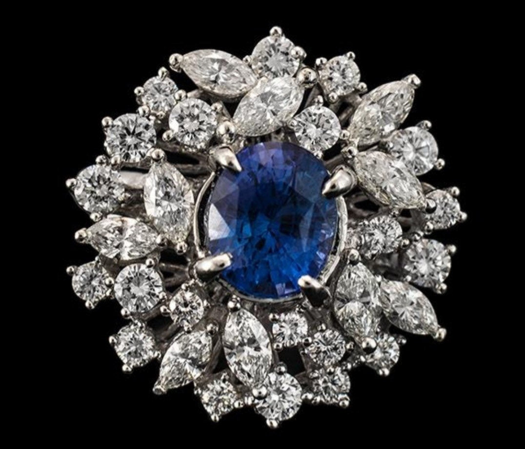 Anillo blanco de 18 quilates con diamantes de 3,00 quilates y zafiro azul de Ceilán de 2,05 quilates sin calentar certificado (9,41 g), en talla Reino Unido N, EE. UU. 6 3/4