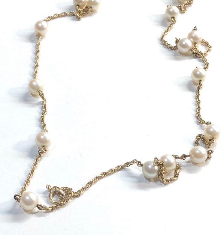 Collar de cadena vintage de oro amarillo de 27 pulgadas y 9 quilates y perlas blancas naturales de agua dulce (11,62 g)