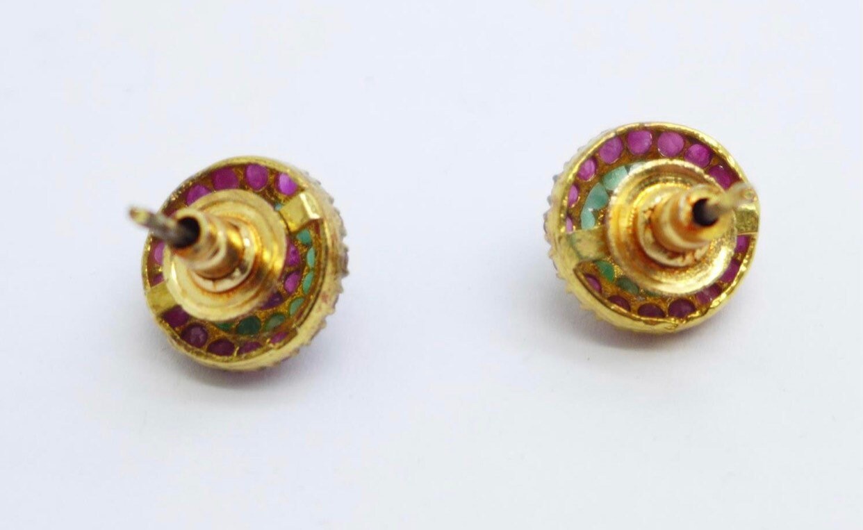 Vintage 2.3ct Ruby & 1.12ct Emerald Stud Gold Earrings