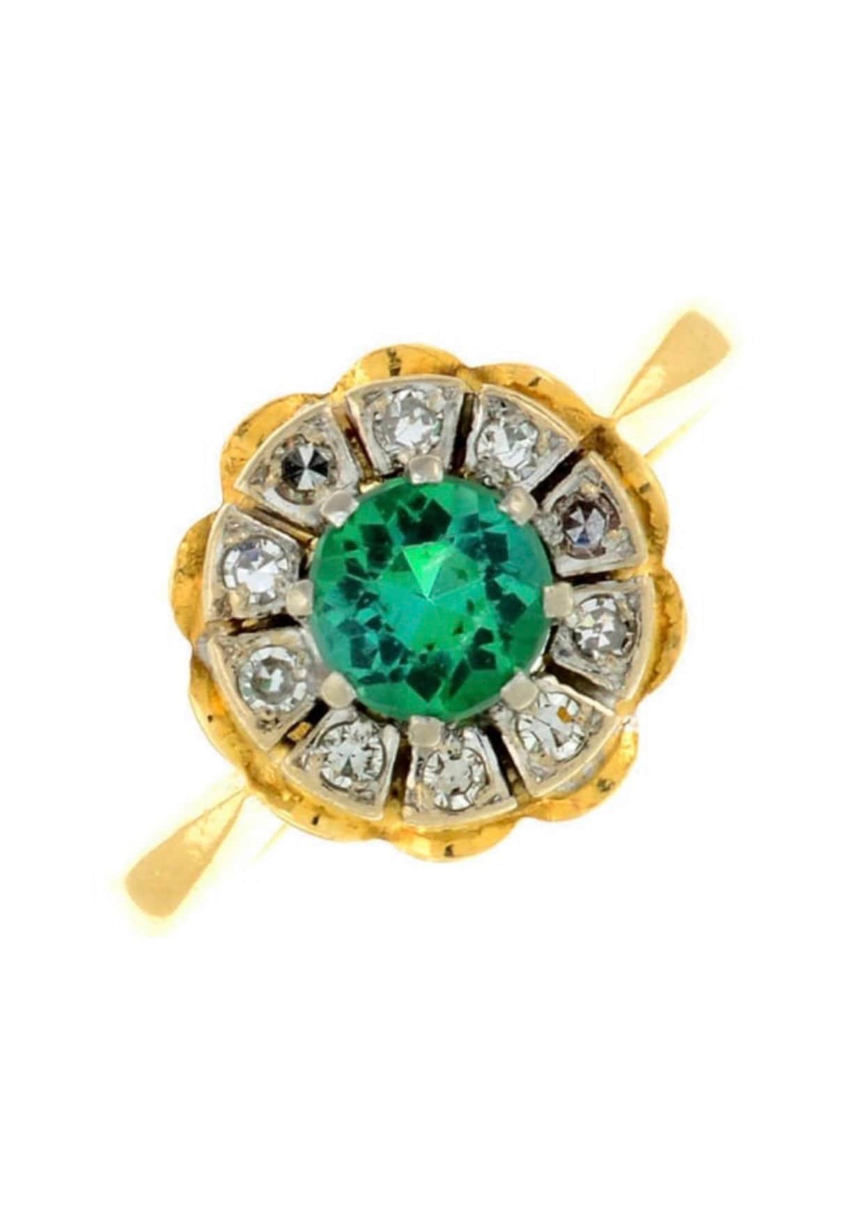 Vintage 18ct Gold Diamond & Synthetic Emerald Cluster Ring,Engagement Ring,Anniversary Ring,Size UK M,US 6 1/4