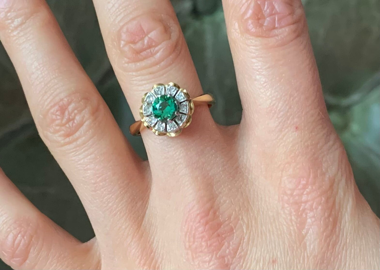 Vintage 18ct Gold Diamond & Synthetic Emerald Cluster Ring,Engagement Ring,Anniversary Ring,Size UK M,US 6 1/4