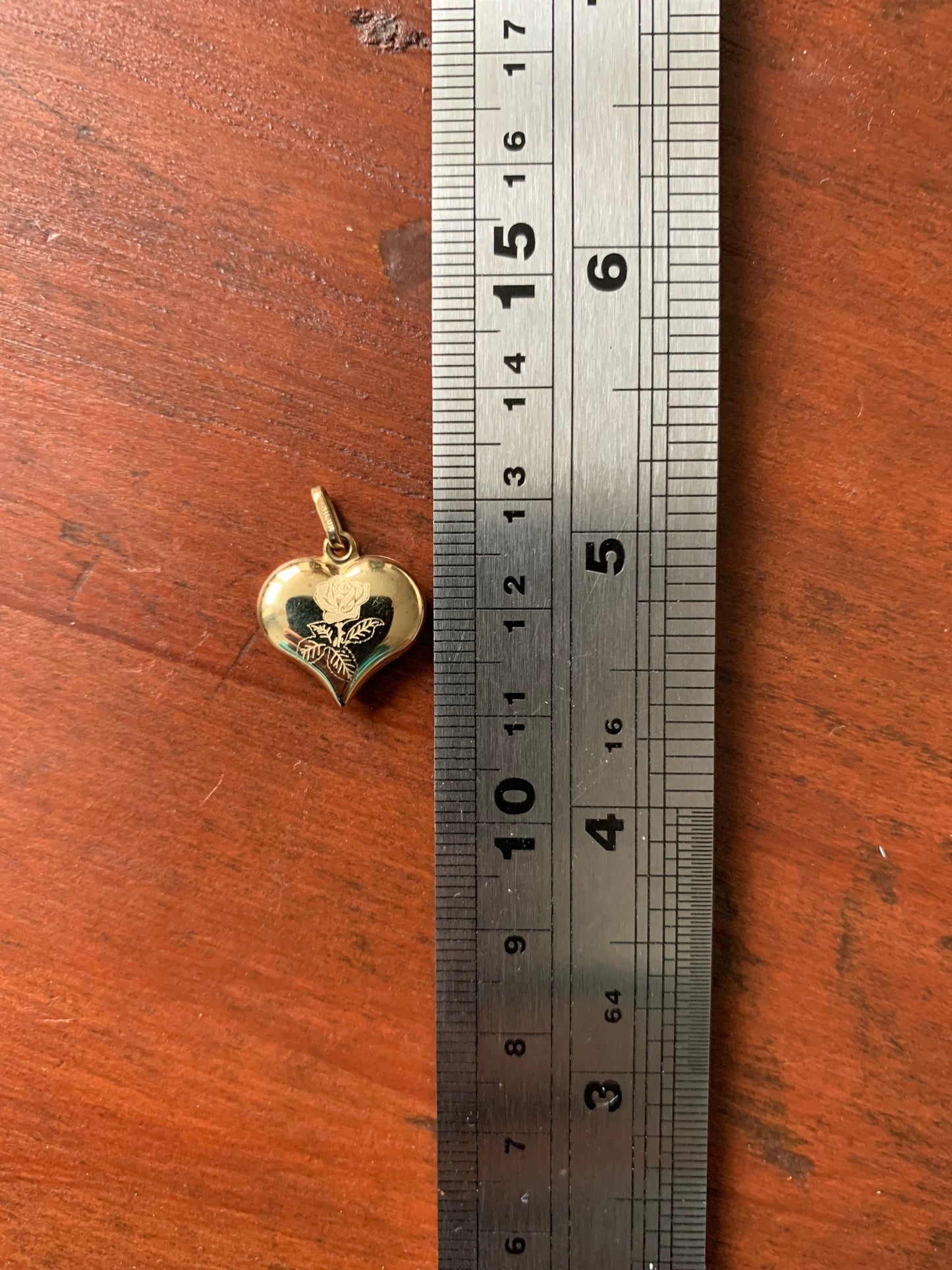 9ct Gold Puffy Heart Charm/Pendant with a rose and Mothers...engraving