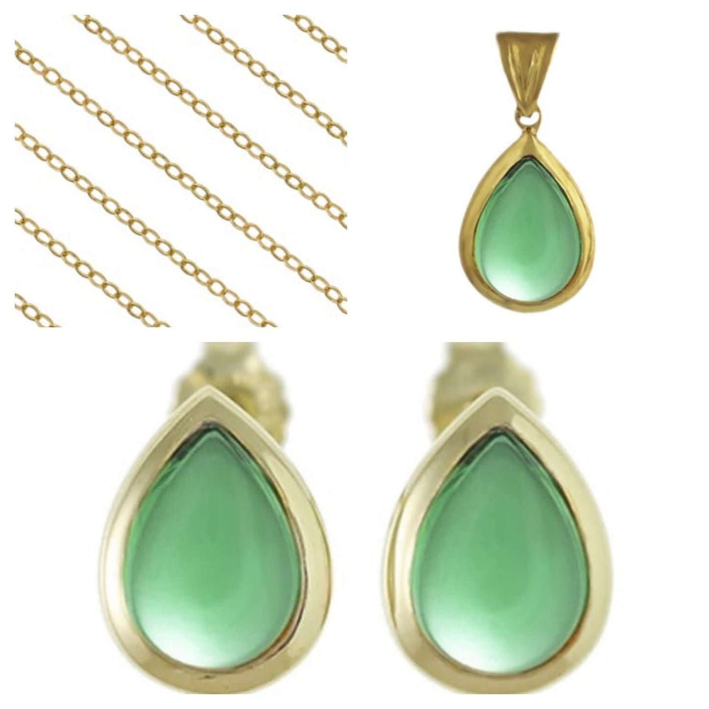 Aretes de fluorita verde cabujón en forma de pera de oro amarillo macizo de 9 k