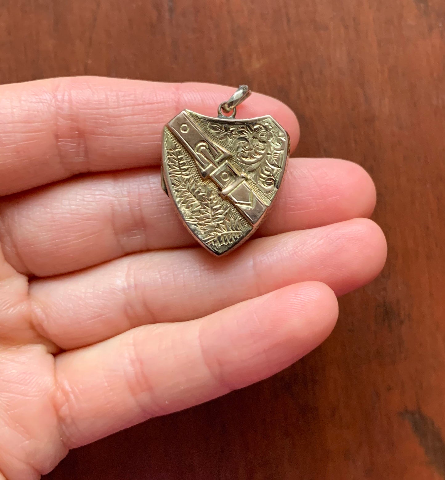 Medallón antiguo con escudo y hebilla de oro amarillo de 9 quilates