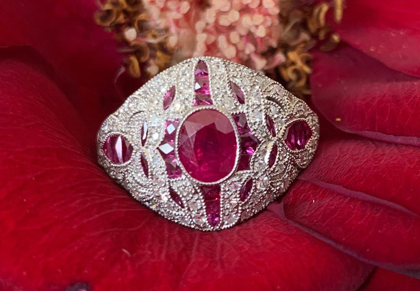 Vintage Platinum 2ct Ruby & Diamond Art Deco Ring, Cocktail Ring, Size UK N 1/2, US 7
