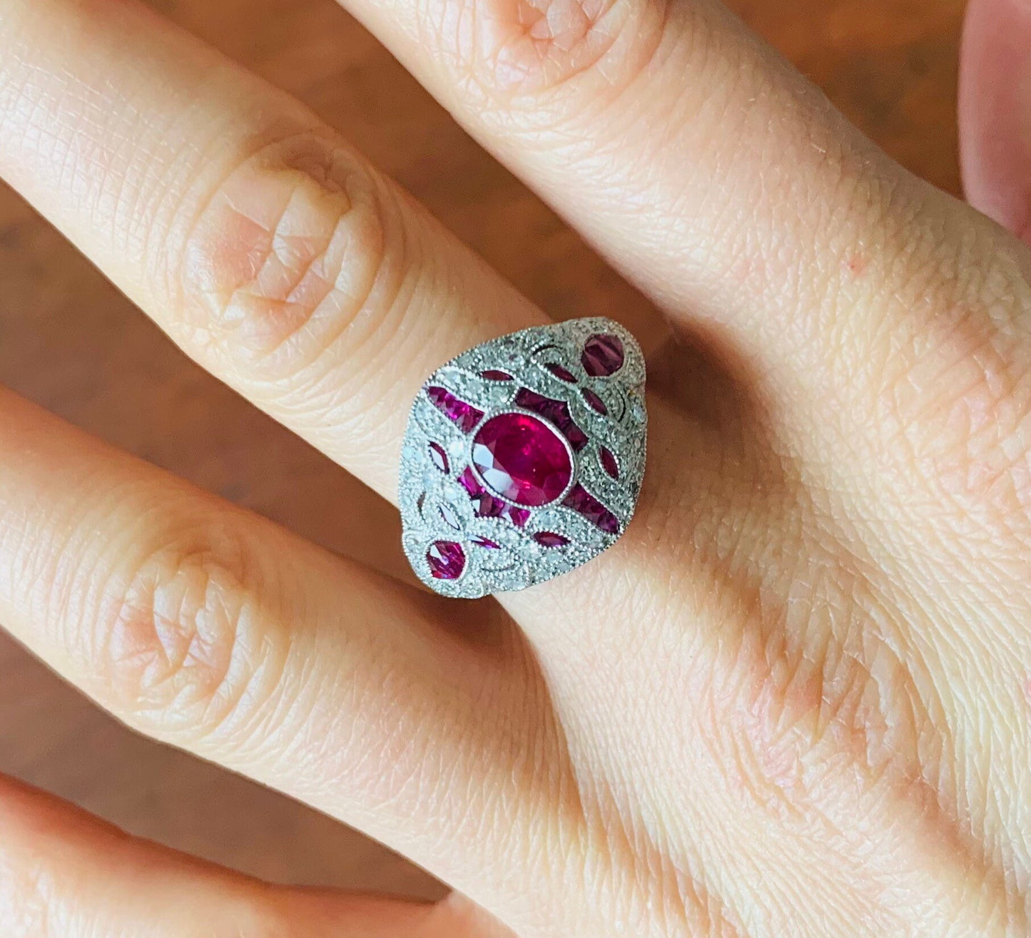 Vintage Platinum 2ct Ruby & Diamond Art Deco Ring, Cocktail Ring, Size UK N 1/2, US 7