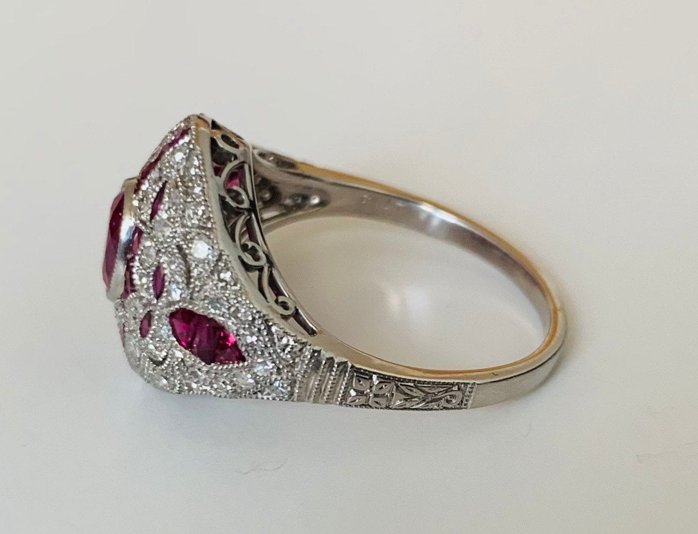 Vintage Platinum 2ct Ruby & Diamond Art Deco Ring, Cocktail Ring, Size UK N 1/2, US 7