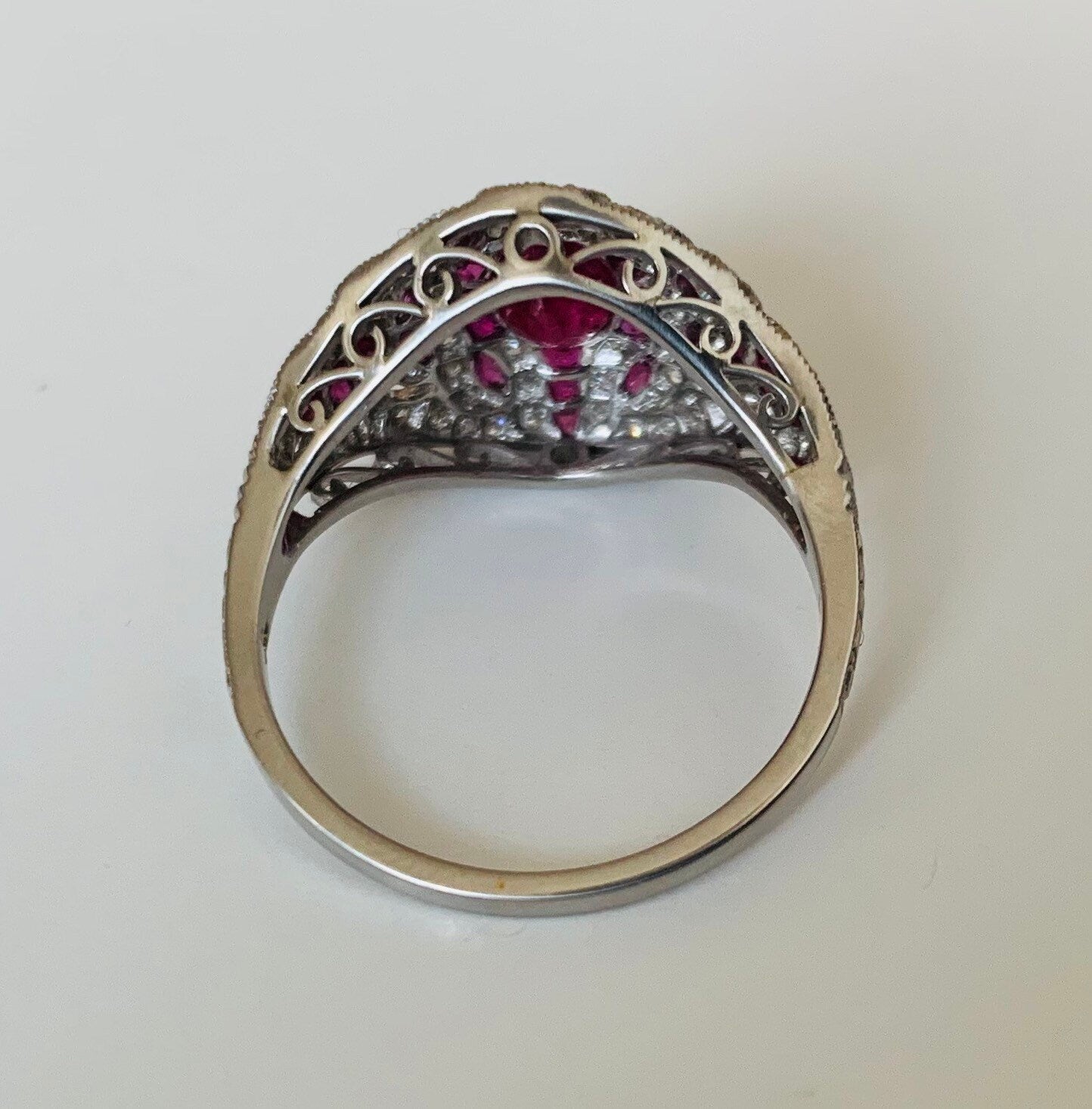Vintage Platinum 2ct Ruby & Diamond Art Deco Ring, Cocktail Ring, Size UK N 1/2, US 7