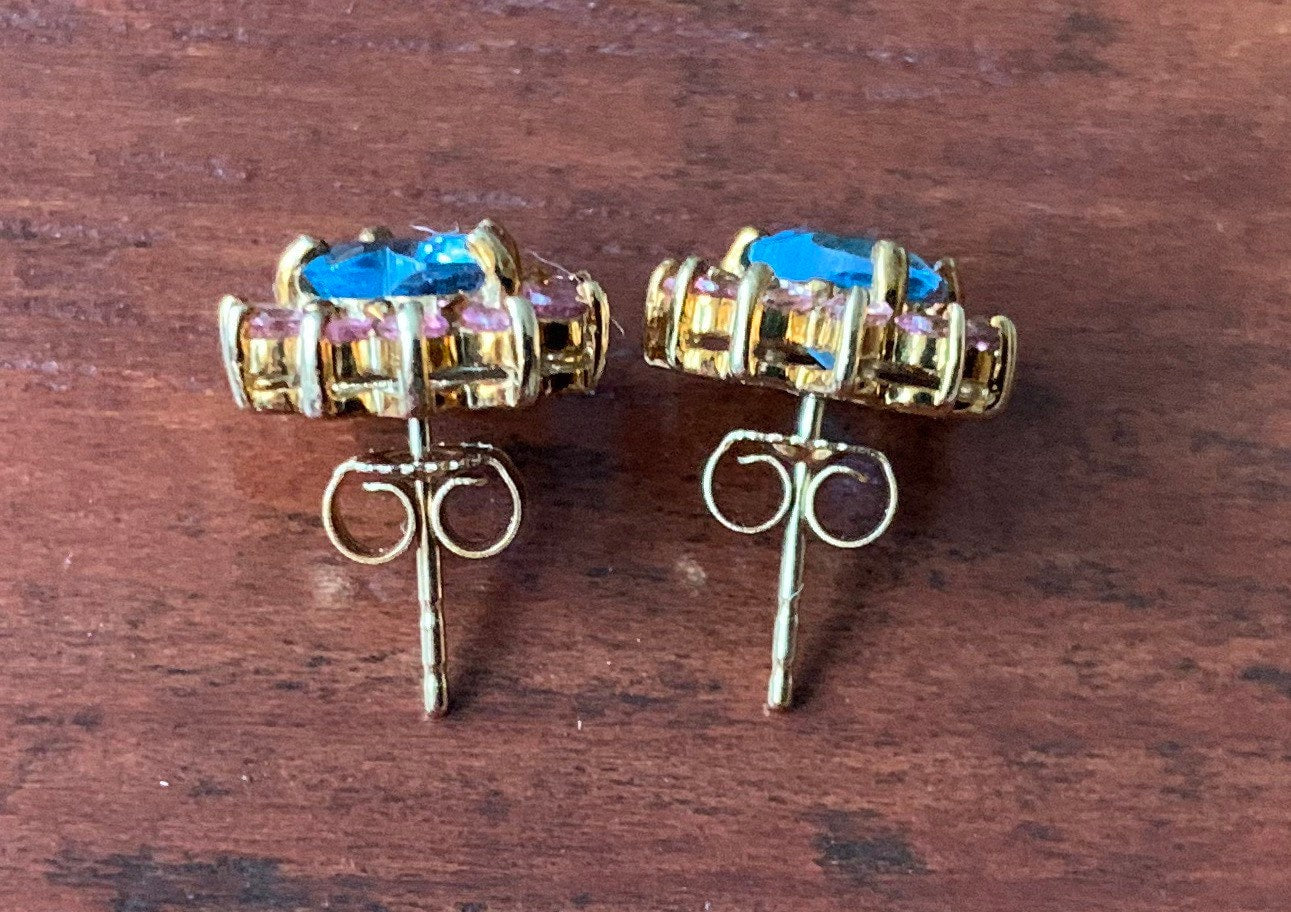 Pendientes vintage de oro de 9 k con topacio azul londinense y turmalina rosa