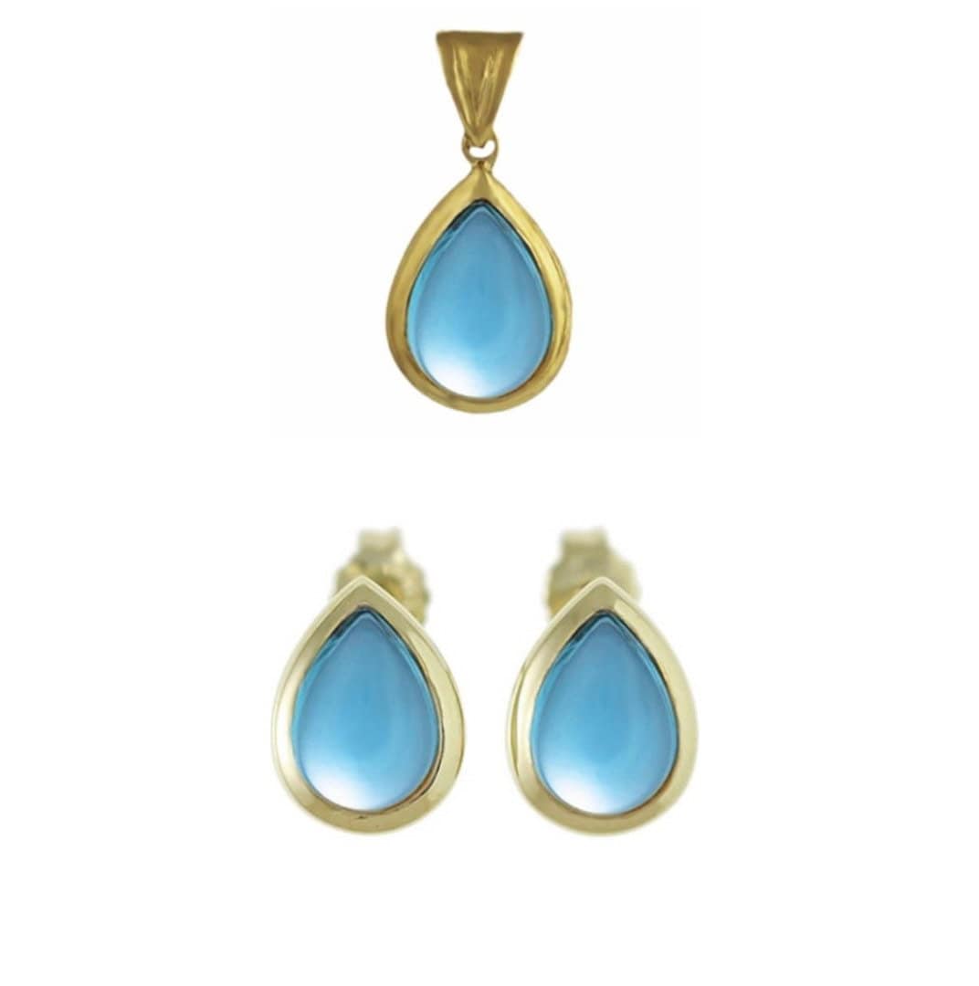 Aretes de topacio cabujón en forma de pera de oro amarillo macizo de 9 k