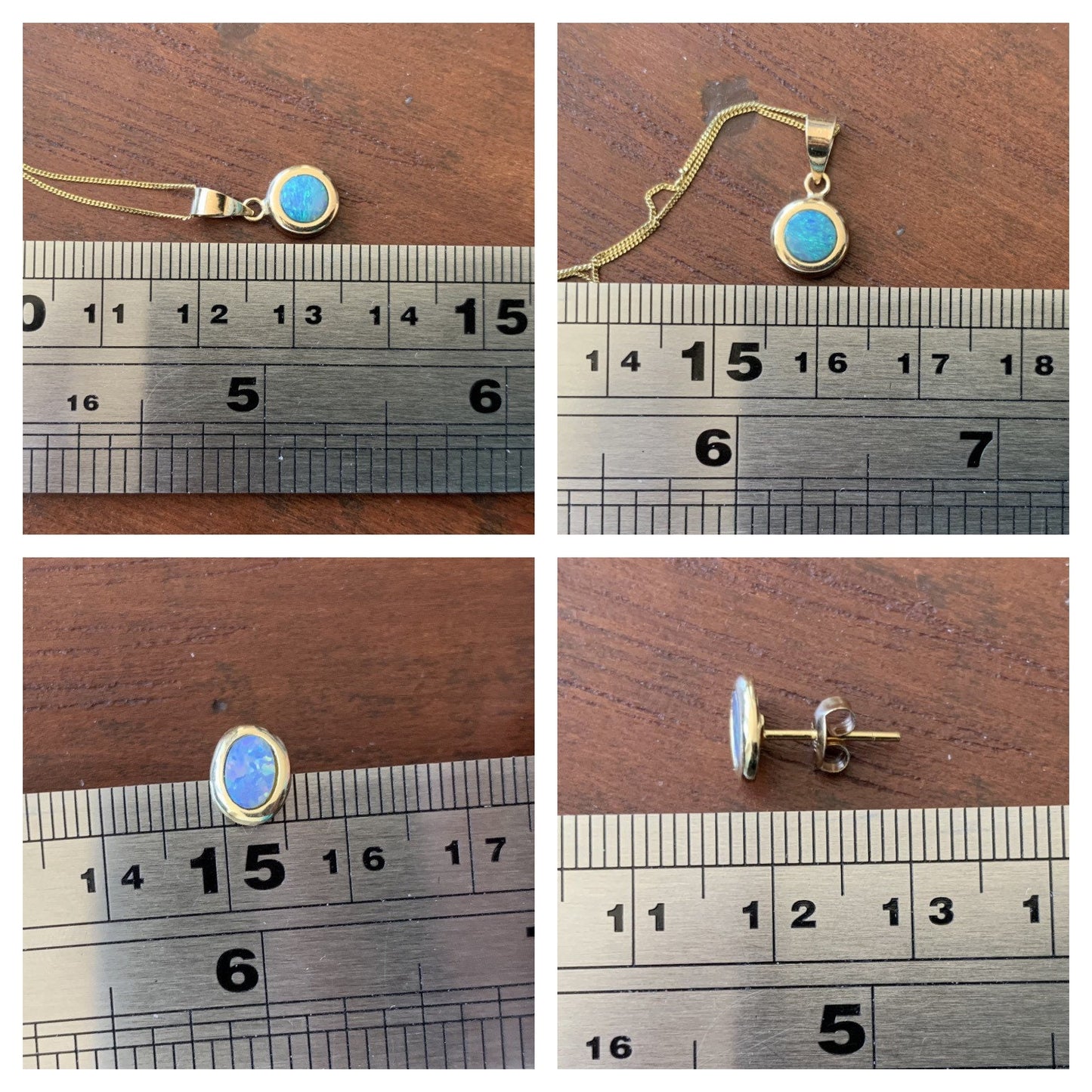 Aretes y colgante vintage de ópalo de oro de 14 k en una cadena de oro de 9 k