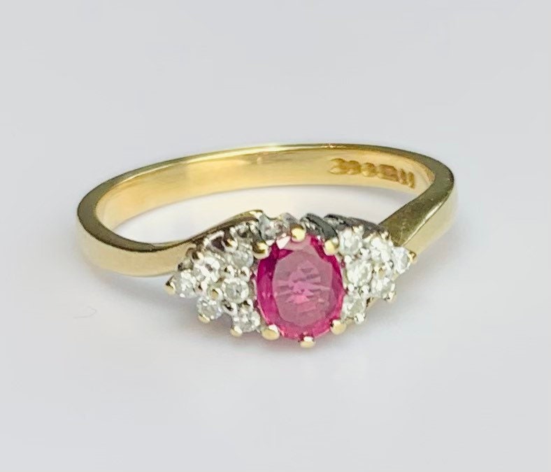 Vintage 0.35ct Oval Ruby & Diamond 9ct Yellow Gold Ring, Size UK K, US 5 1/4