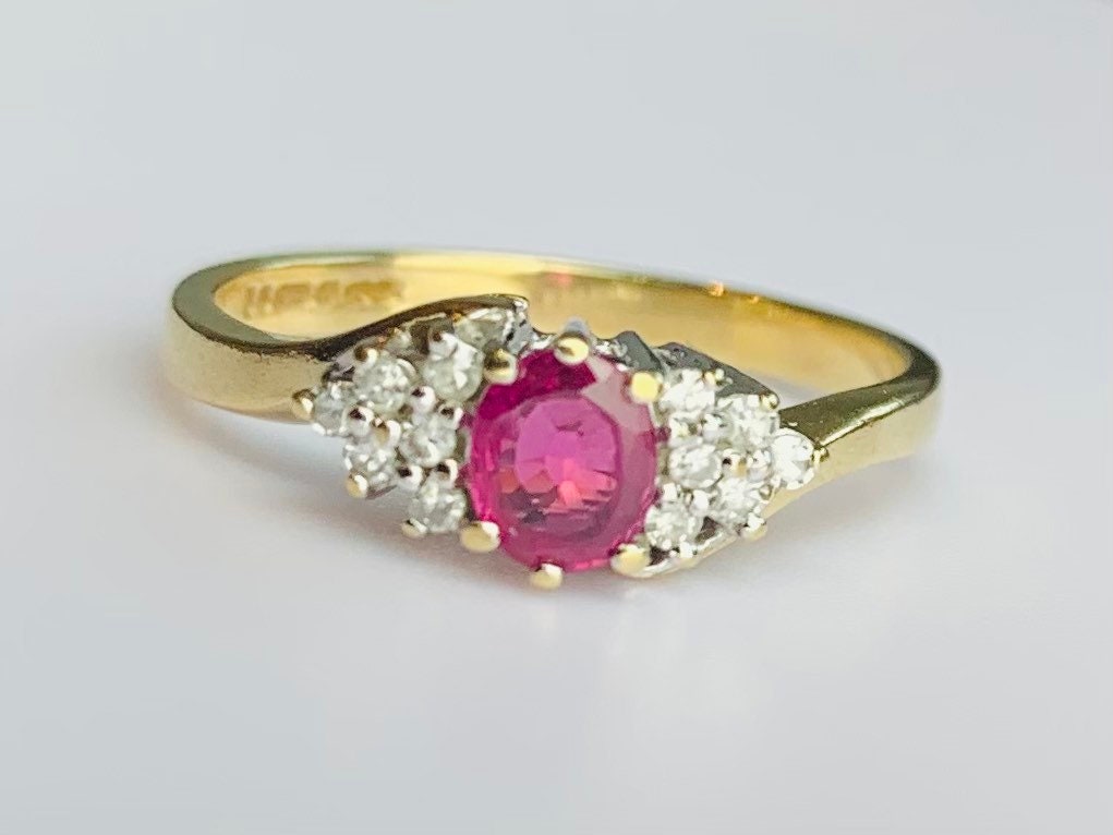 Vintage 0.35ct Oval Ruby & Diamond 9ct Yellow Gold Ring, Size UK K, US 5 1/4