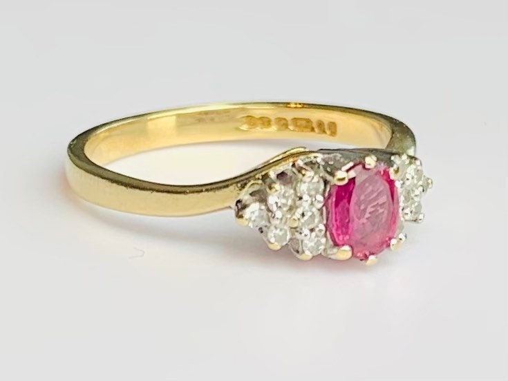Vintage 0.35ct Oval Ruby & Diamond 9ct Yellow Gold Ring, Size UK K, US 5 1/4