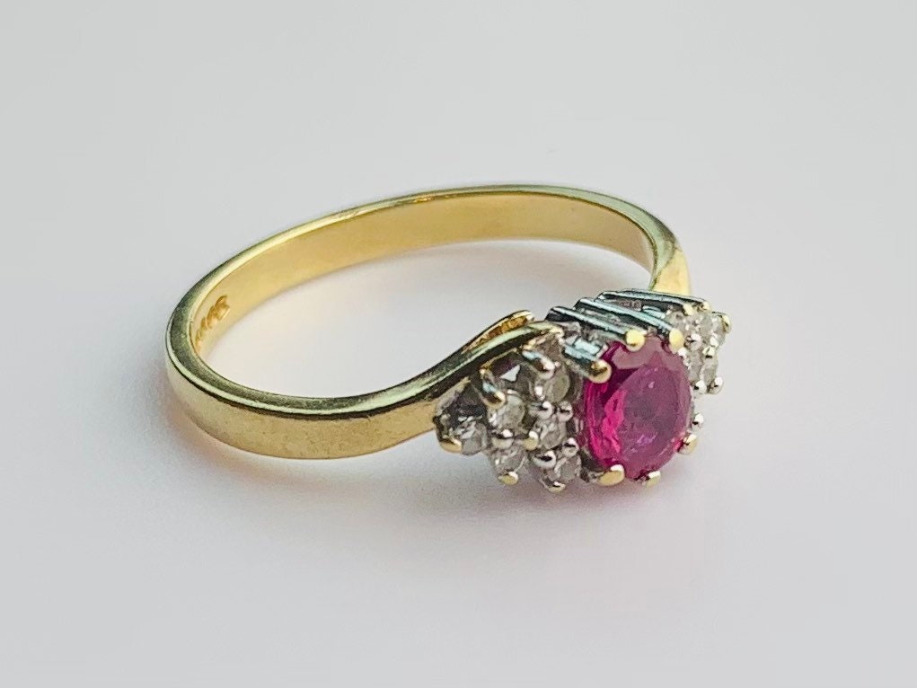 Vintage 0.35ct Oval Ruby & Diamond 9ct Yellow Gold Ring, Size UK K, US 5 1/4