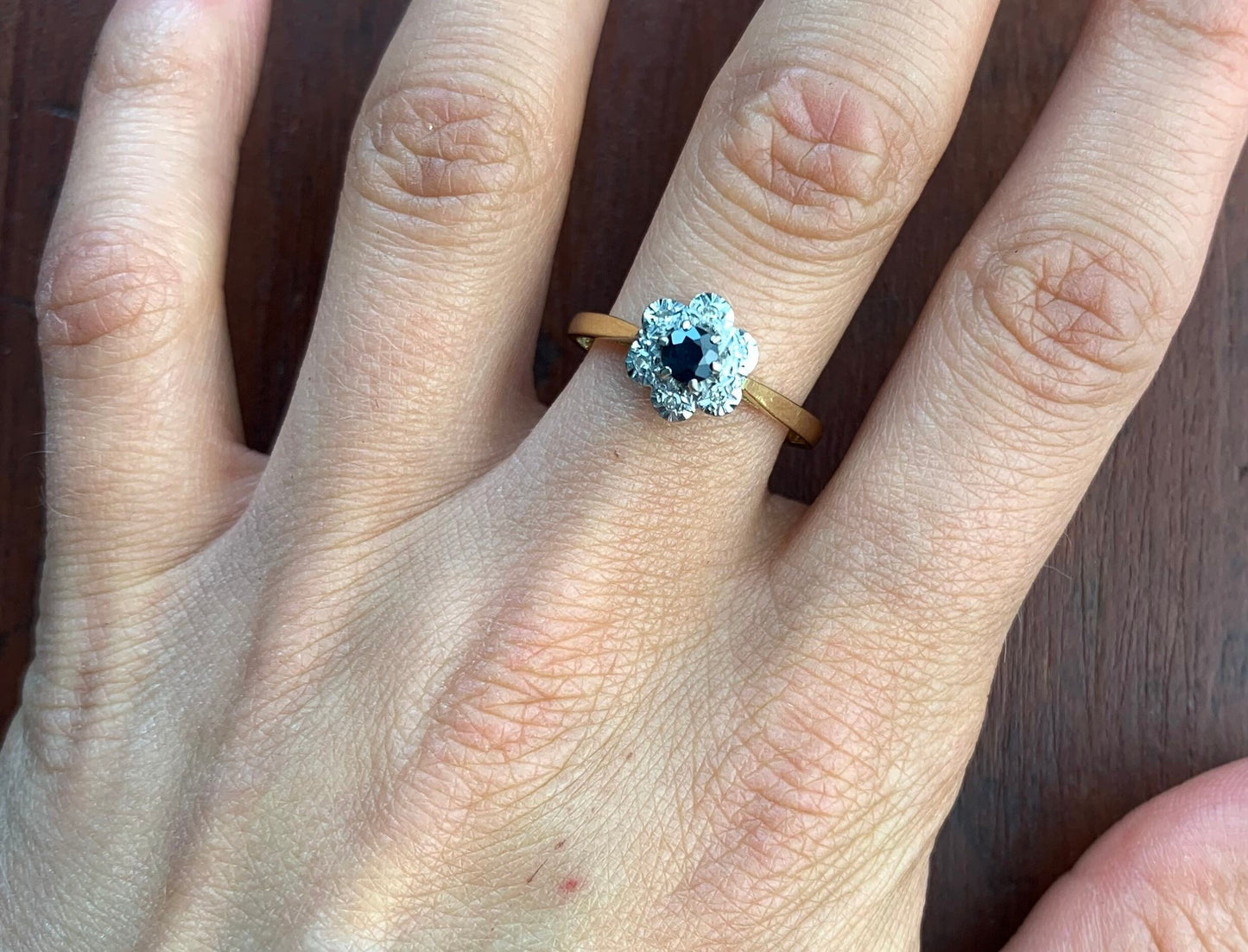 Vintage 0.34ct Sapphire and Diamond 18ct Gold Cluster Ring, Size UK O 1/2, US 7 1/2