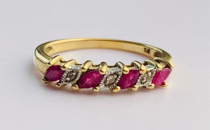 Vintage 0.52ct Marquise Cut Ruby and Round Diamond Half Eternity Ring set in 9ct Yellow Gold, Size UK O, US 7 1/4
