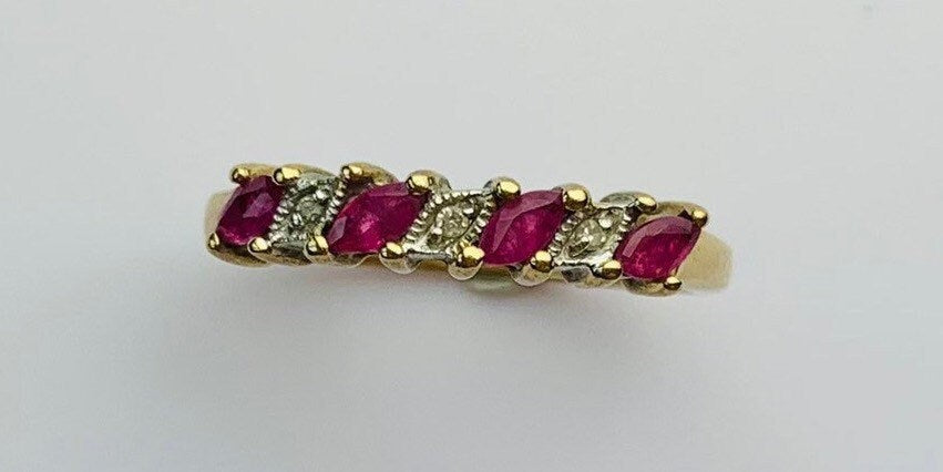 Vintage 0.52ct Marquise Cut Ruby and Round Diamond Half Eternity Ring set in 9ct Yellow Gold, Size UK O, US 7 1/4