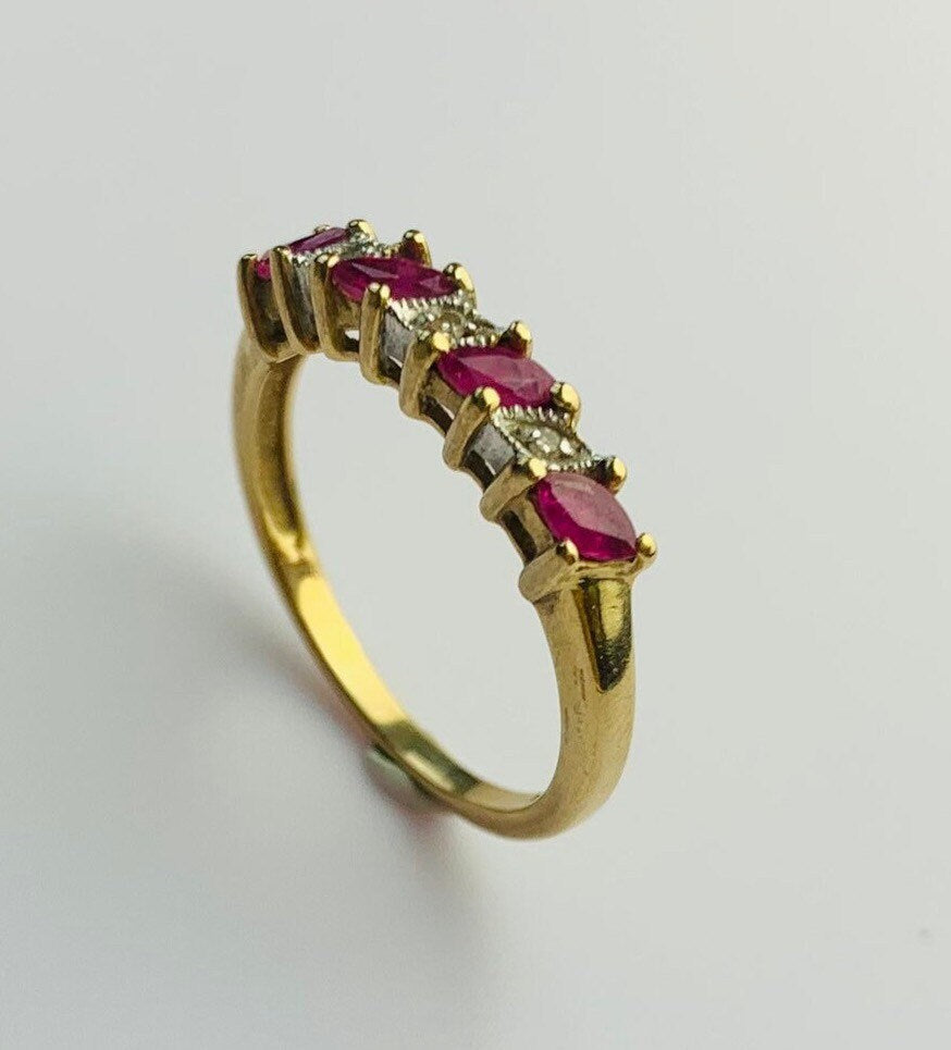 Vintage 0.52ct Marquise Cut Ruby and Round Diamond Half Eternity Ring set in 9ct Yellow Gold, Size UK O, US 7 1/4