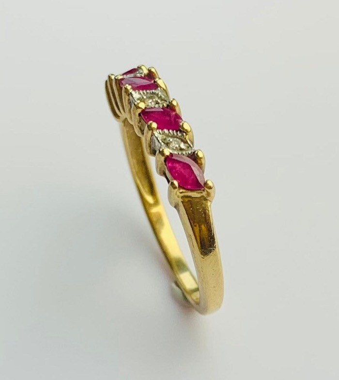 Vintage 0.52ct Marquise Cut Ruby and Round Diamond Half Eternity Ring set in 9ct Yellow Gold, Size UK O, US 7 1/4