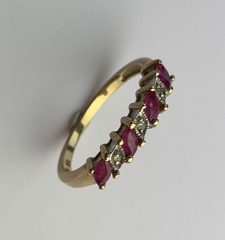 Vintage 0.52ct Marquise Cut Ruby and Round Diamond Half Eternity Ring set in 9ct Yellow Gold, Size UK O, US 7 1/4