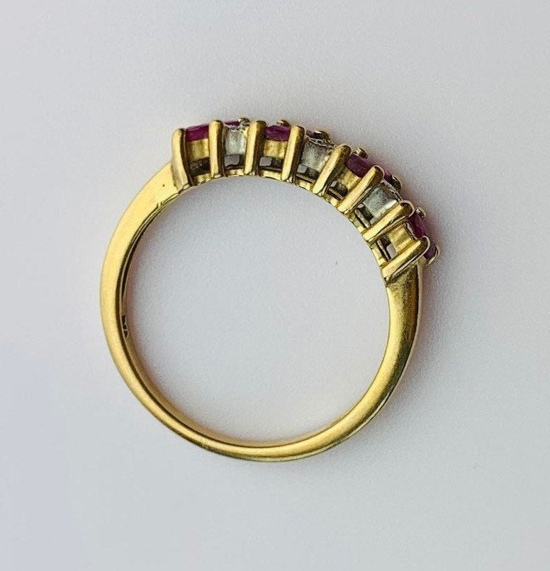 Vintage 0.52ct Marquise Cut Ruby and Round Diamond Half Eternity Ring set in 9ct Yellow Gold, Size UK O, US 7 1/4
