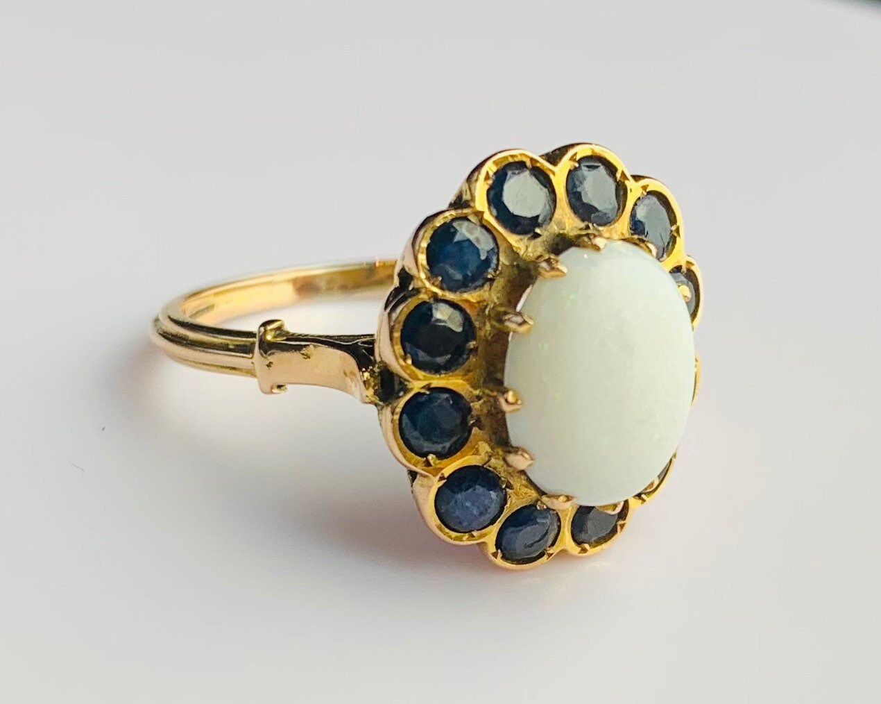 Vintage 1.65ct Opal & 1.8ct Sapphire set in 10K Rose Gold Cluster Ring, Size UK O, US 7