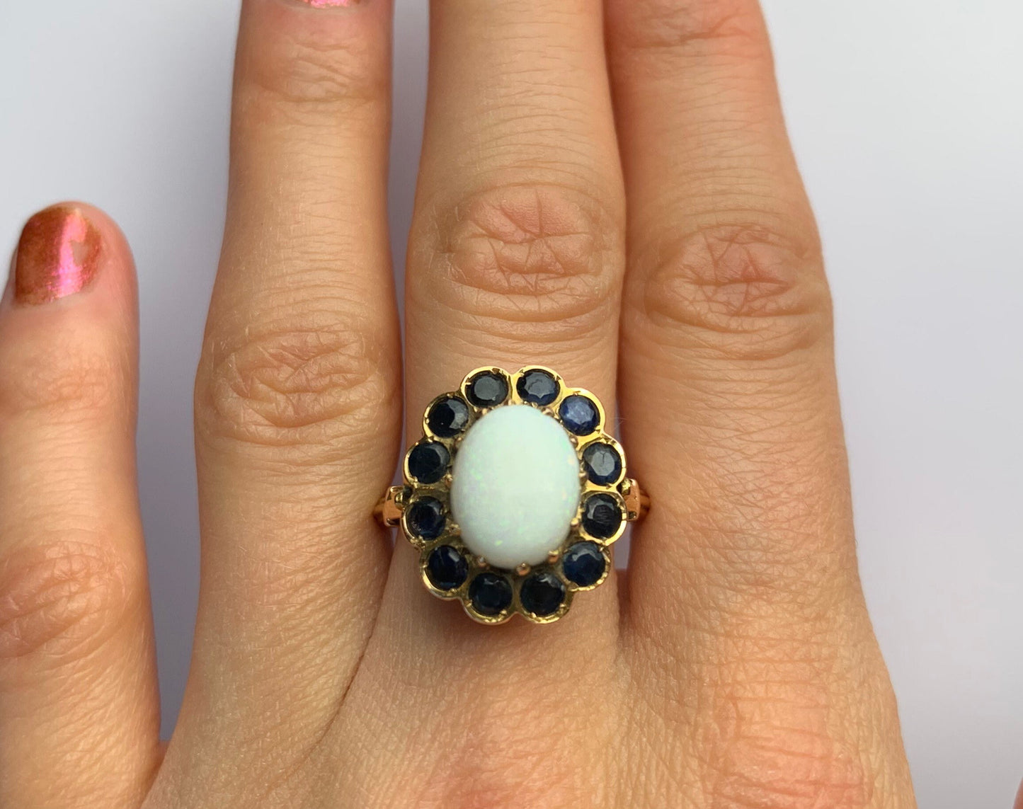 Vintage 1.65ct Opal & 1.8ct Sapphire set in 10K Rose Gold Cluster Ring, Size UK O, US 7
