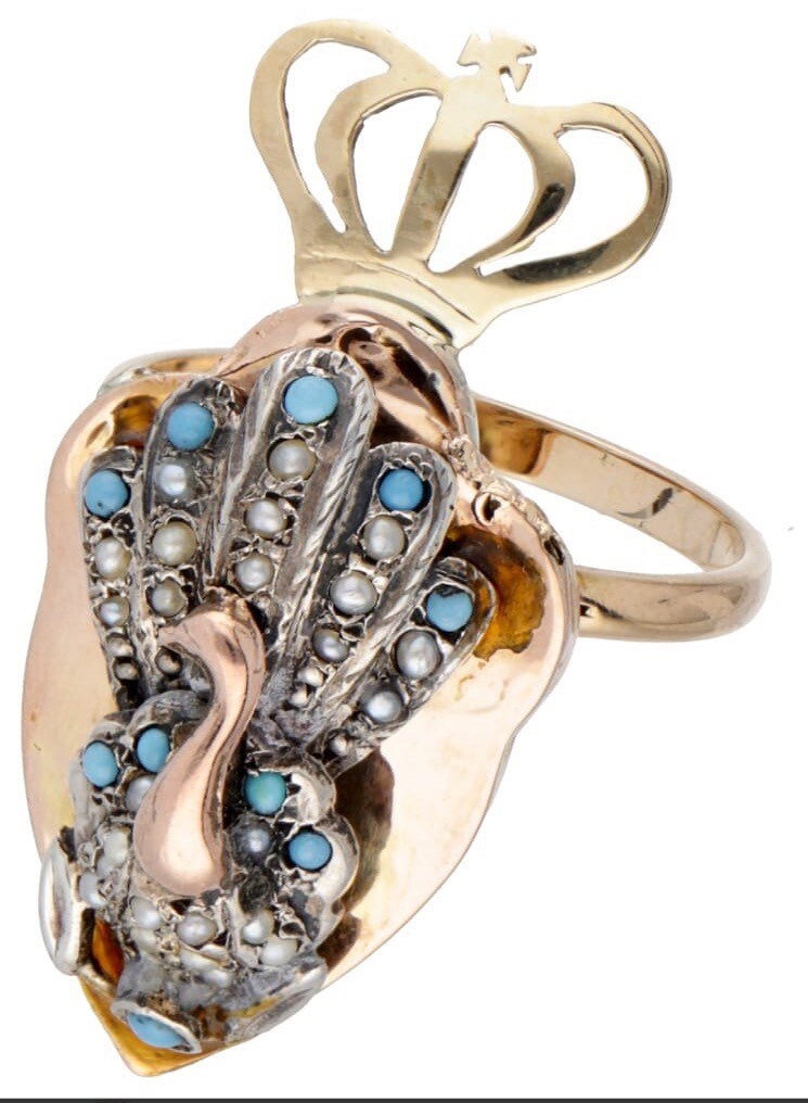 Anillo de declaración de pavo real turquesa y perla de semilla de oro antiguo de 10 qt, tamaño Reino Unido M 1/2, EE.UU. 6 1/2