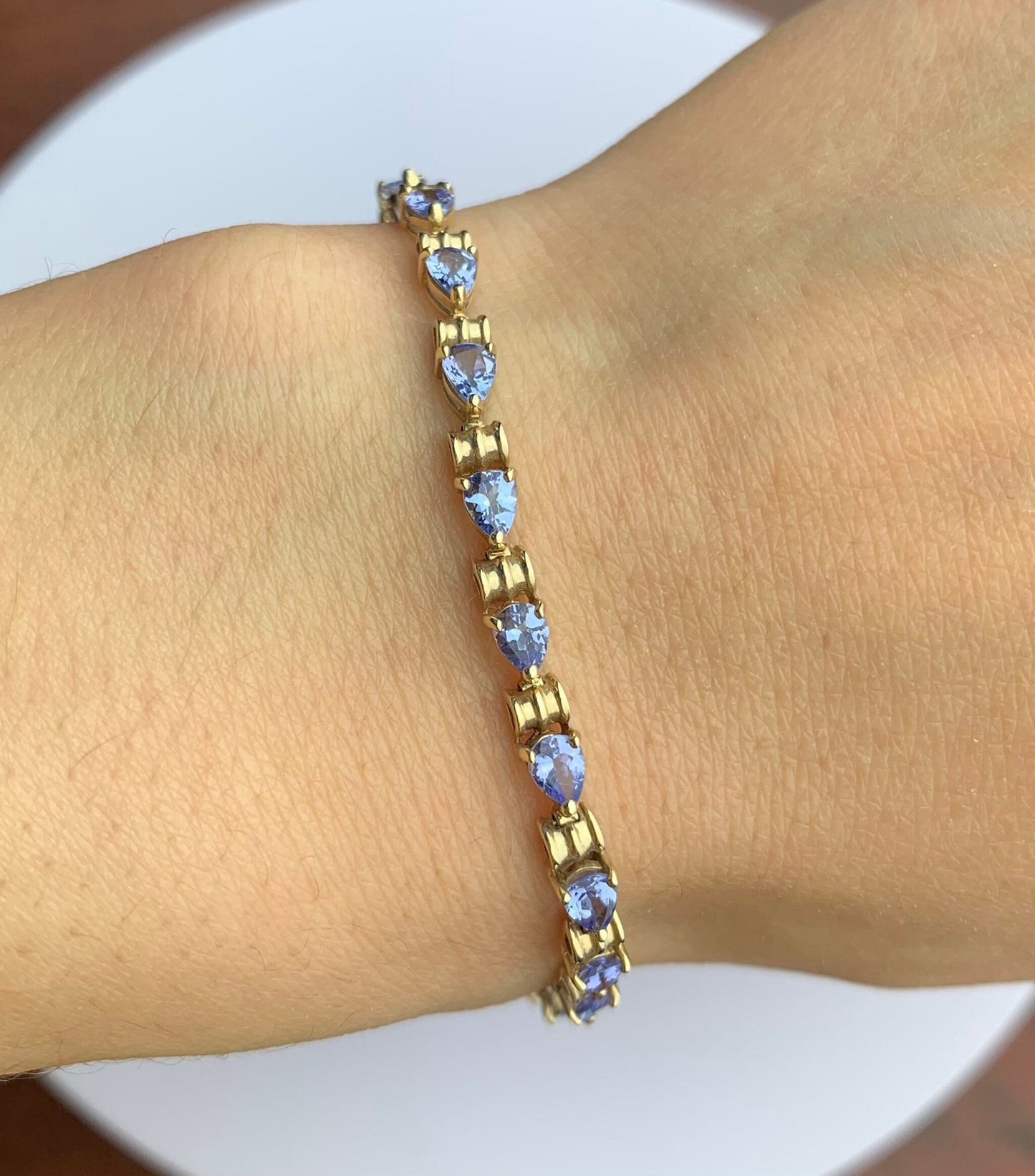 Conjunto de tanzanita vintage de 4 quilates en pulsera de oro amarillo de 10 k, 21 cm/8,26 pulgadas