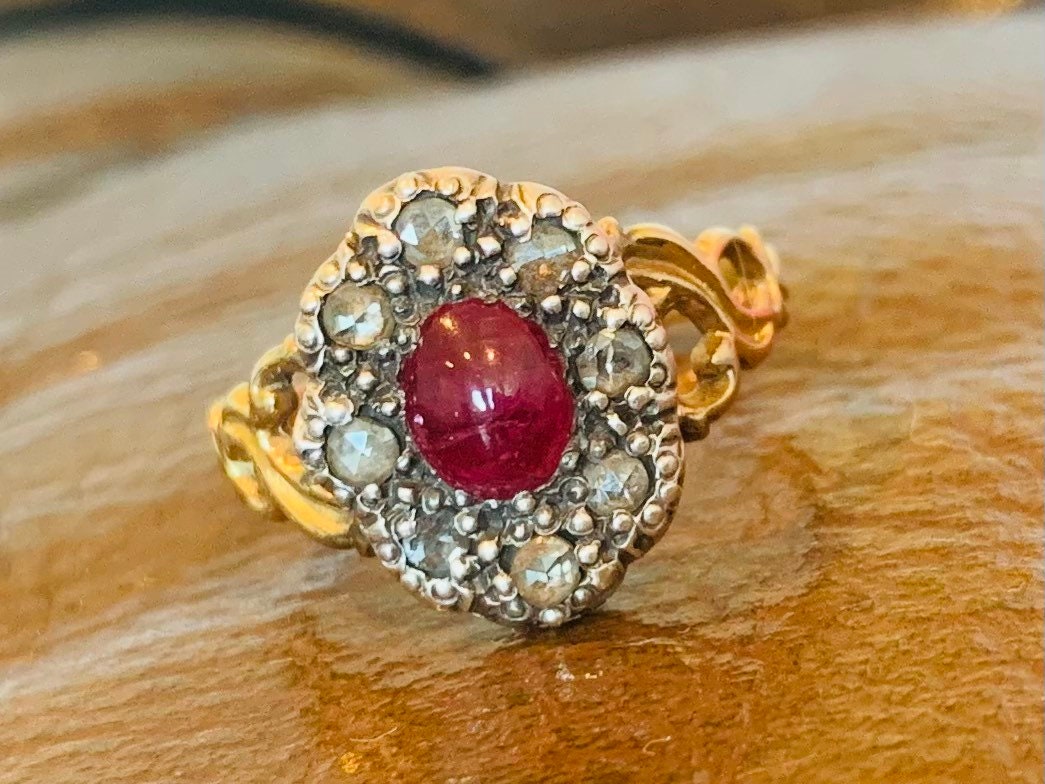 Antique Georgian 0.84ct Cabochon Oval Ruby and Diamond set in 14k Gold & Silver, Size UK N, US 6 3/4