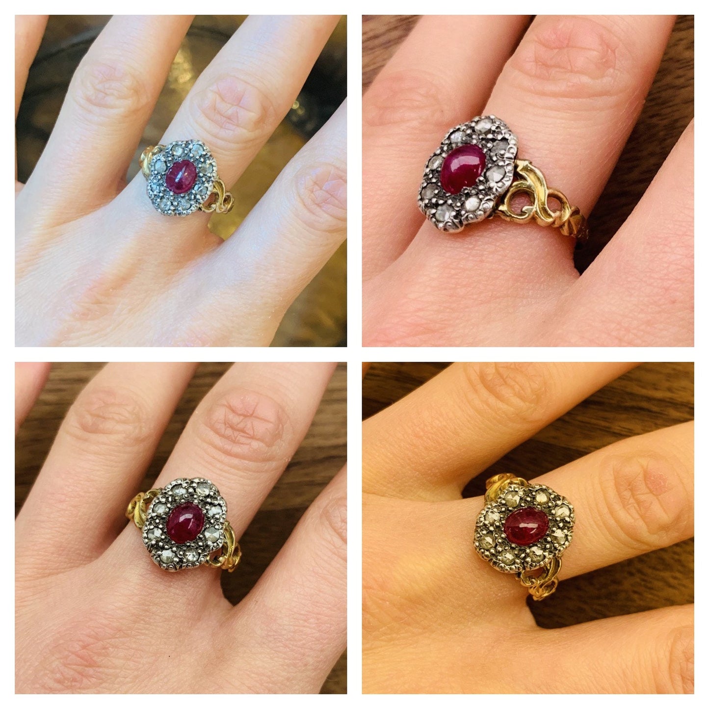 Antique Georgian 0.84ct Cabochon Oval Ruby and Diamond set in 14k Gold & Silver, Size UK N, US 6 3/4