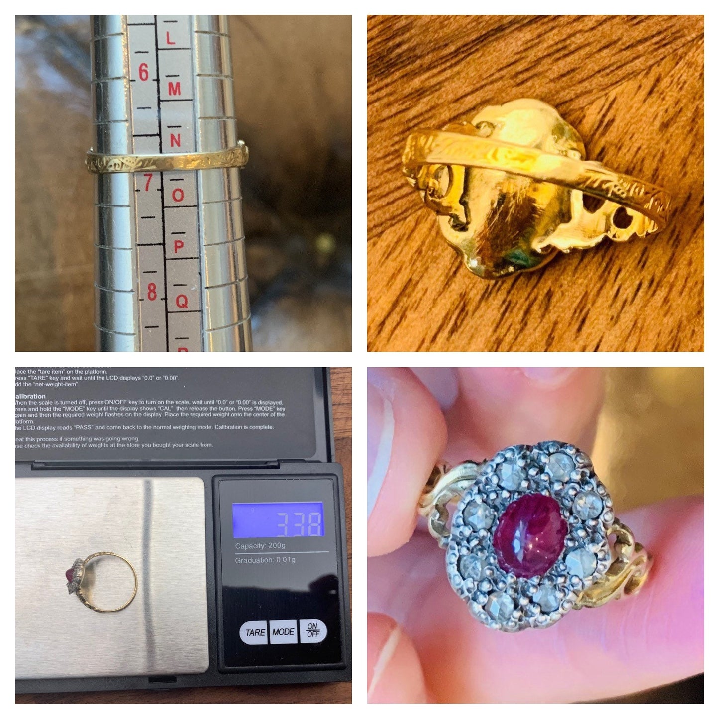 Antique Georgian 0.84ct Cabochon Oval Ruby and Diamond set in 14k Gold & Silver, Size UK N, US 6 3/4
