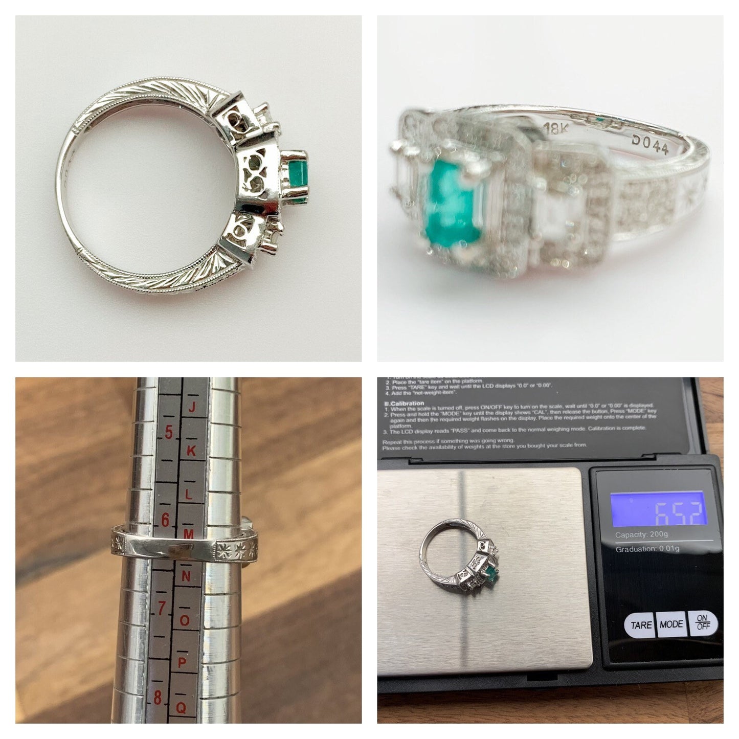 Estilo Art Déco con esmeralda de 0,50 ct y diamante de 0,60 ct engastados en oro blanco de 18 ct. Tamaño del anillo Reino Unido M, EE. UU. 6 1/4