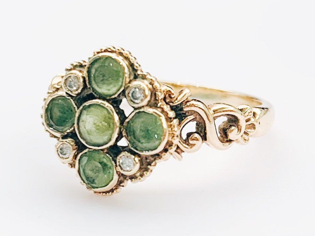 Vintage est. 1ct Round Cut Peridot and Diamond 9ct Gold Ring, Size UK P 1/2, US 8