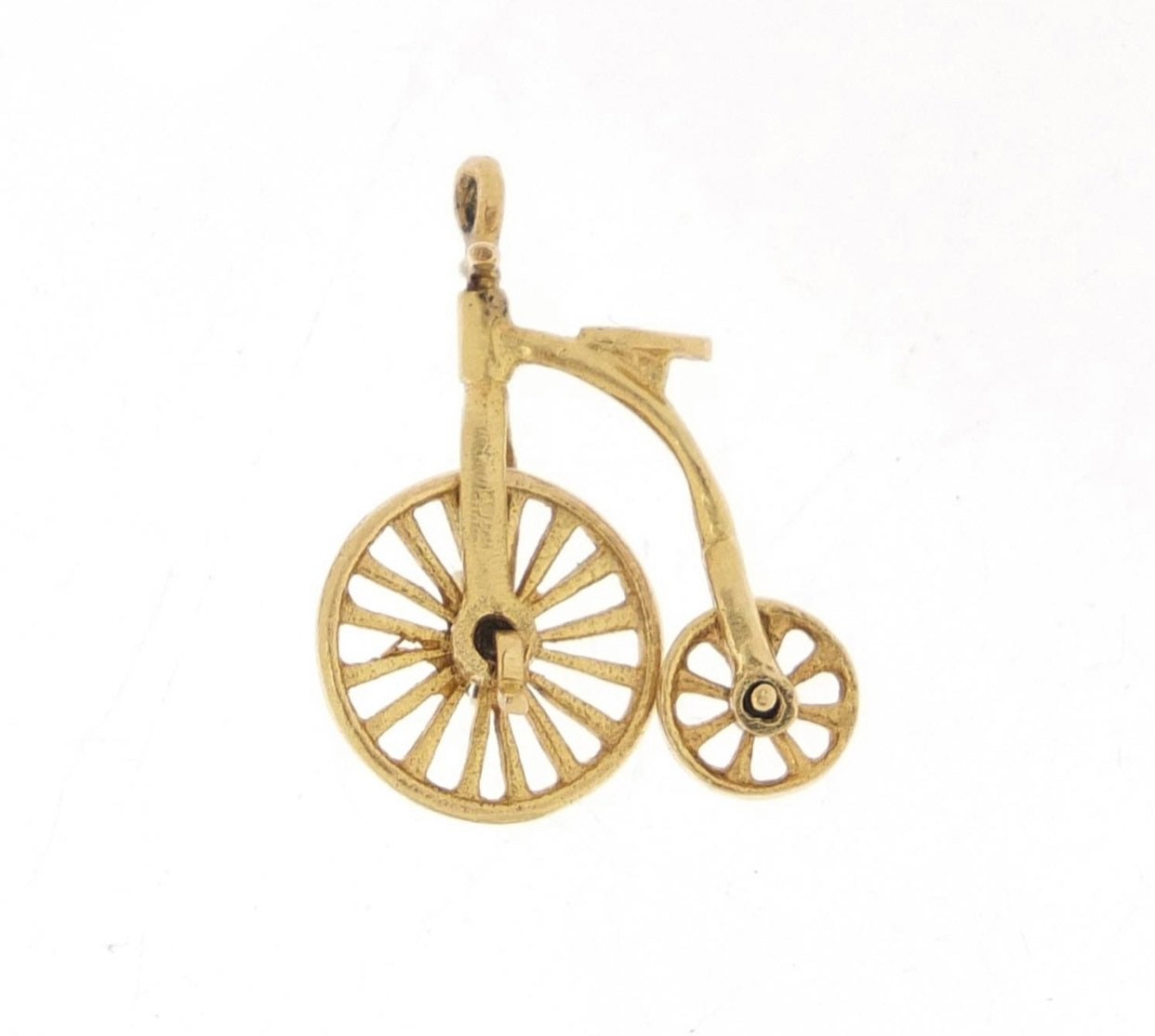 Vintage 9ct oro amarillo Penny Farthing encanto colgante, alrededor de 1963, regalo de cumpleaños de aniversario