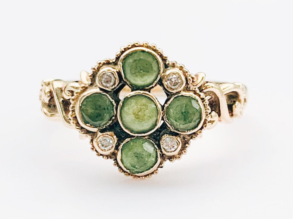 Vintage est. 1ct Round Cut Peridot and Diamond 9ct Gold Ring, Size UK P 1/2, US 8