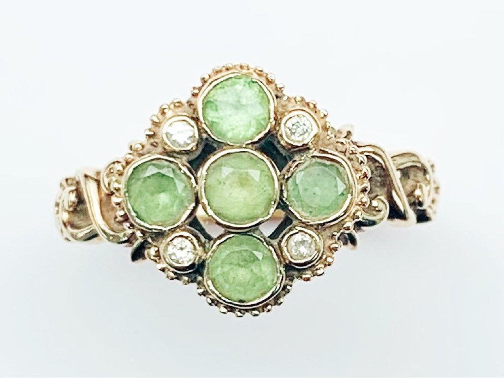Vintage est. 1ct Round Cut Peridot and Diamond 9ct Gold Ring, Size UK P 1/2, US 8