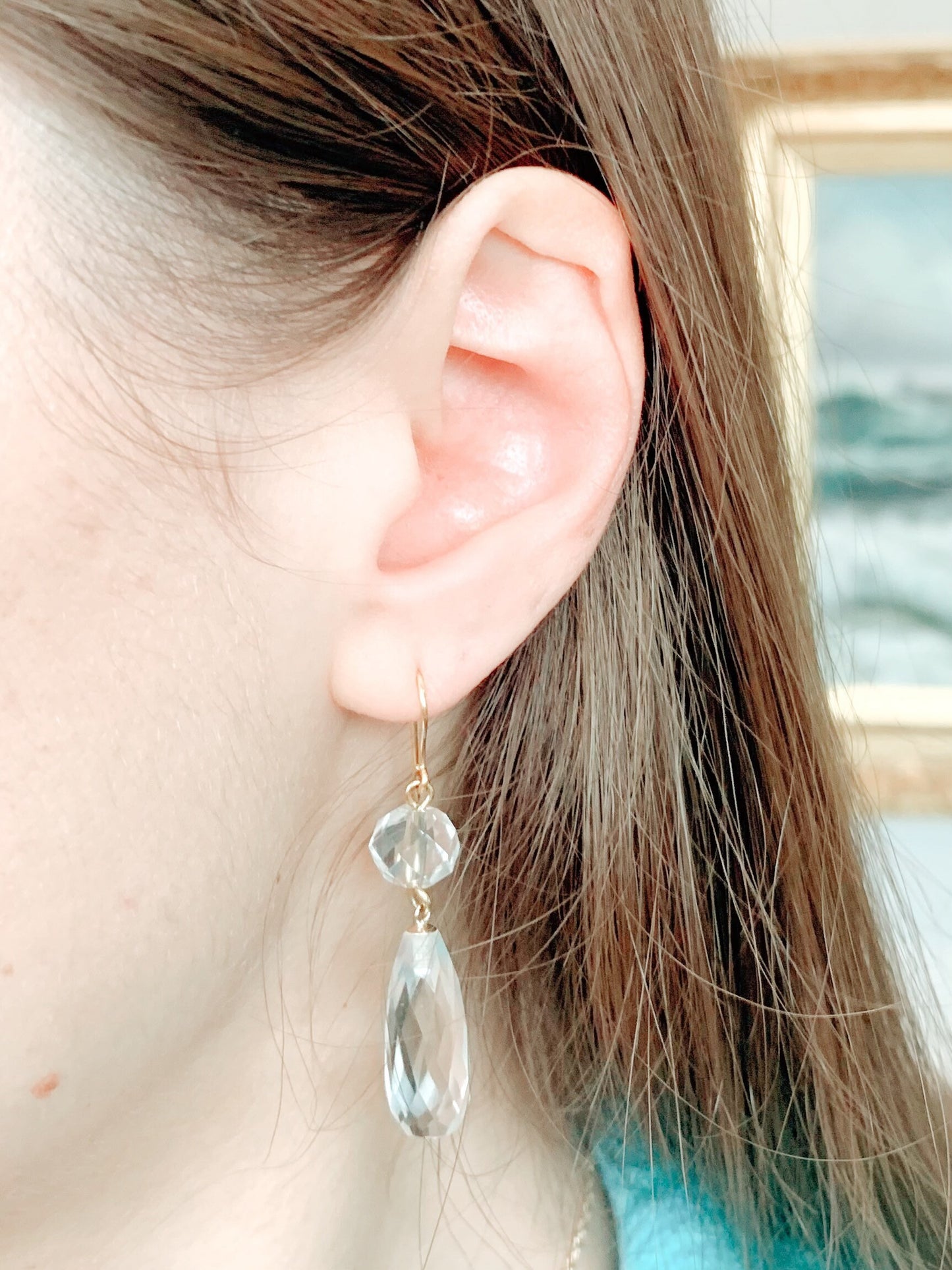 Pendientes de alambre colgantes de cristal de roca transparente natural con corte briolette de oro amarillo de 9 ct eduardiano antiguo