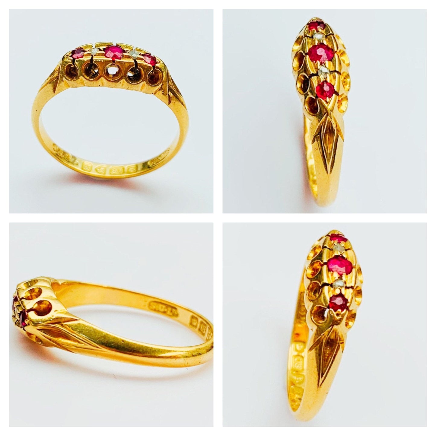Anillo eduardiano de oro amarillo de 18 quilates con diamantes de talla rosa y rubí, talla UK N/US 6 3/4