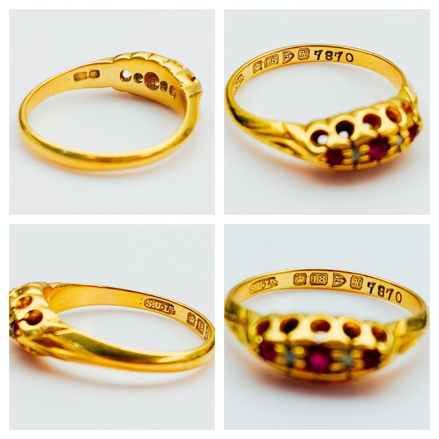 Anillo eduardiano de oro amarillo de 18 quilates con diamantes de talla rosa y rubí, talla UK N/US 6 3/4