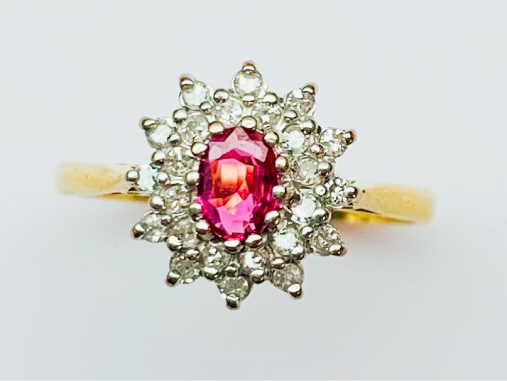 Vintage 18k Yellow Gold Diamond & Pink Sapphire Cluster Ring, Size UK P, US 7 3/4